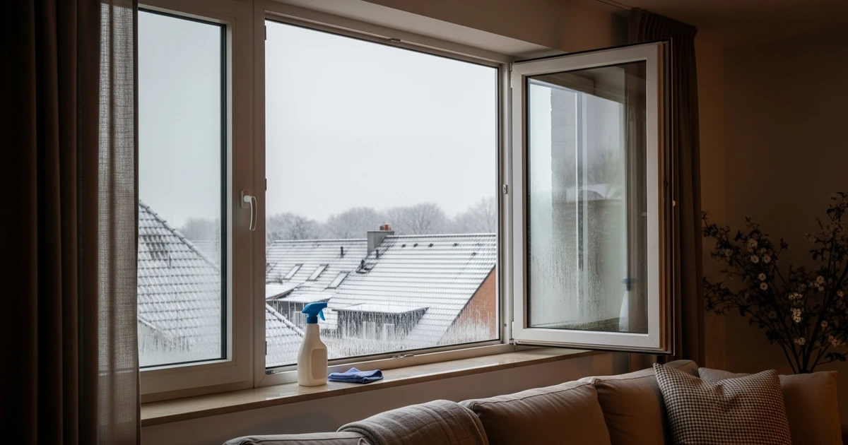Weit geöffnetes Fenster im Winter – richtiges Stoßlüften gegen Schimmel am Fenster