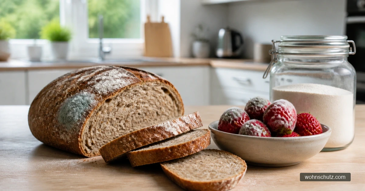 Angeschimmeltes Brot und Beeren auf einer Küchenarbeitsplatte, daneben eine luftdichte Vorratsdose