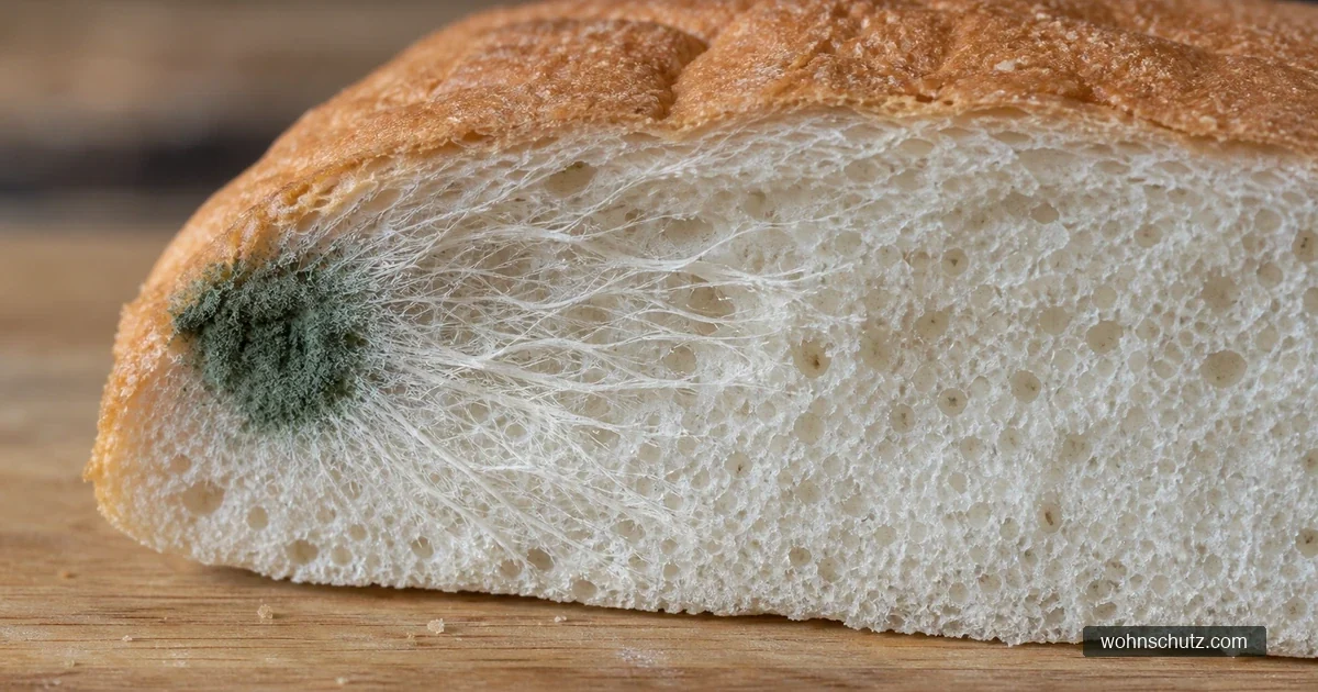 Aufgeschnittenes Weißbrot mit grünem Schimmelfleck an der Kruste und feinem Fadengeflecht im Inneren