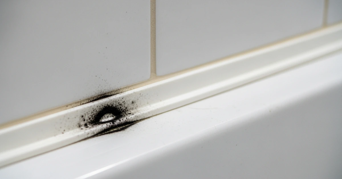 Dunkle Schimmelflecken auf weißem Badezimmersilikon neben der Dusche