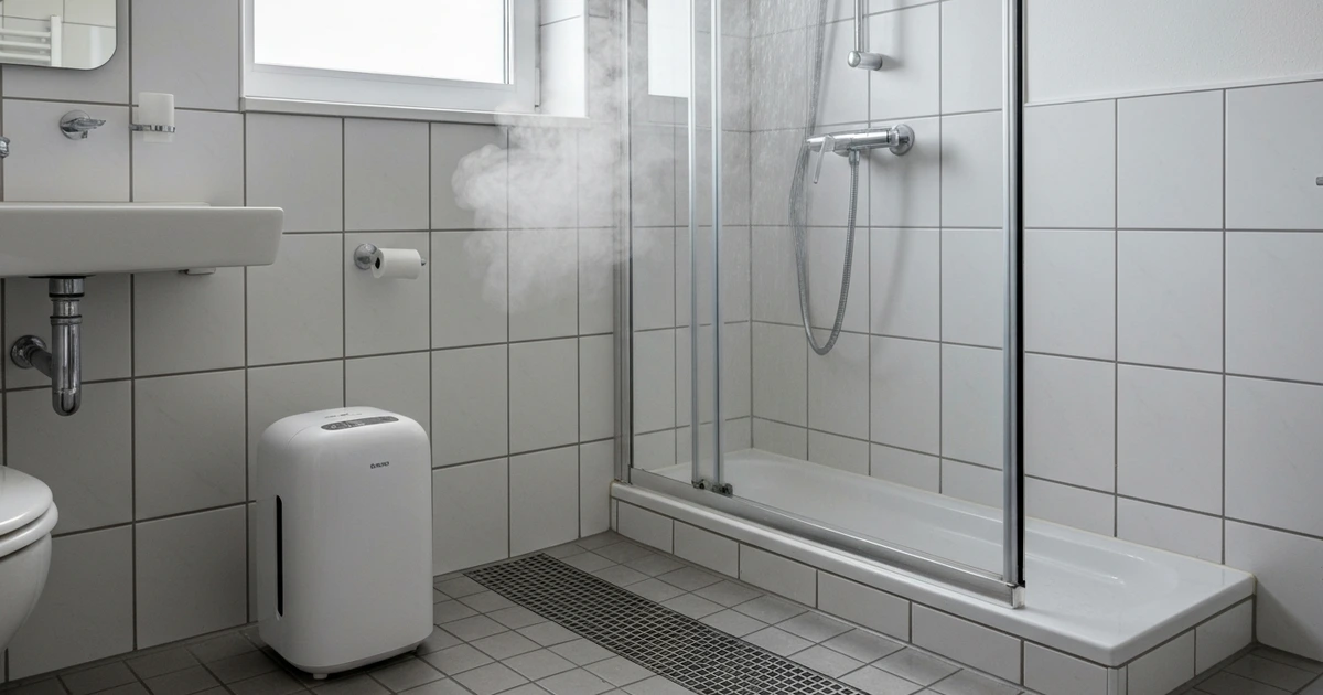 Kleiner Luftentfeuchter im Badezimmer nach dem Duschen – reduziert Luftfeuchtigkeit im Bad