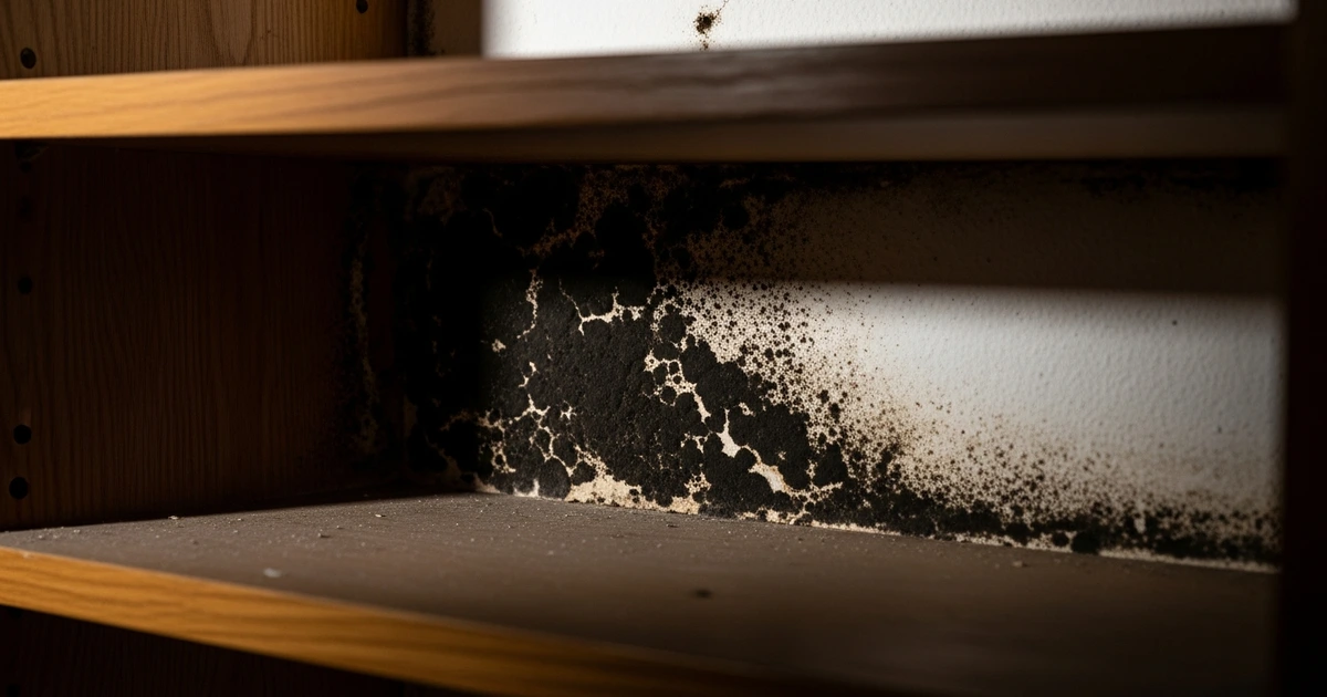 Schwarze Schimmelflecken an einer weißen Wohnzimmerwand hinter einem Möbelstück