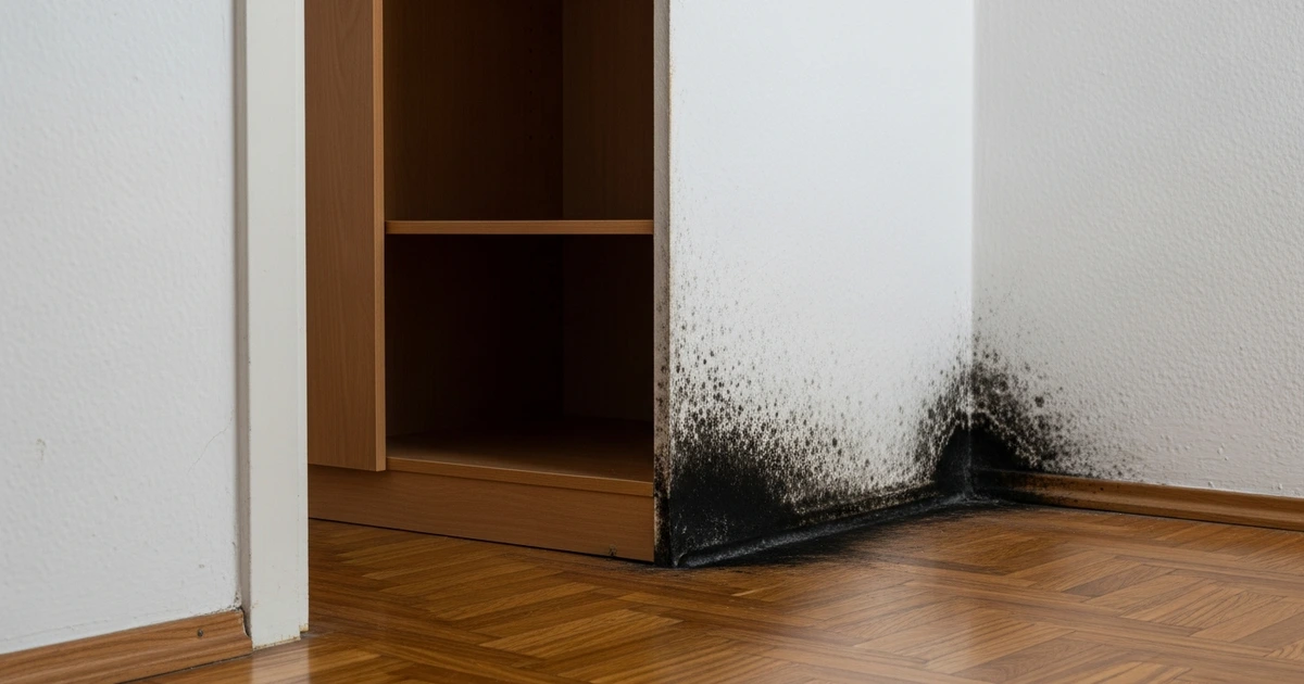 Schwarze Schimmelflecken hinter einem Schrank an der Außenwand – versteckter Befall in der Wohnung