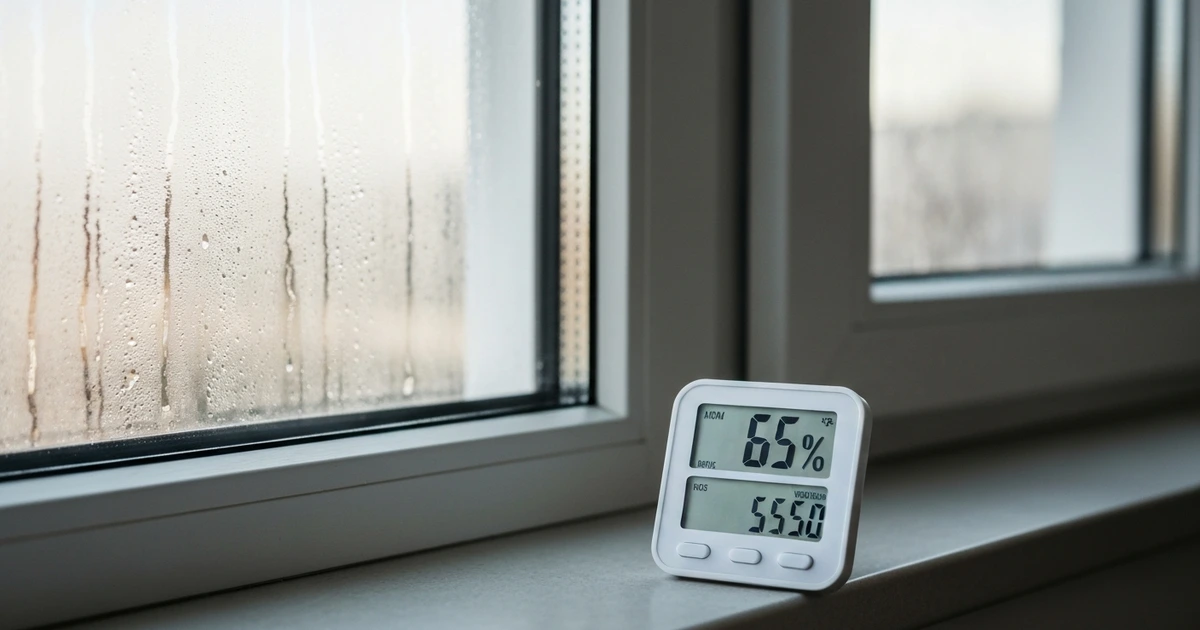 Digitales Hygrometer misst Luftfeuchtigkeit in einer deutschen Wohnung – Schimmelprävention