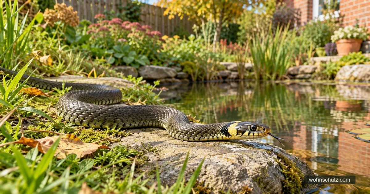Ringelnatter mit gelben Nackenflecken sonnt sich auf einem Stein am Rand eines Gartenteichs, dahinter Staudenbeet und Klinkerhaus