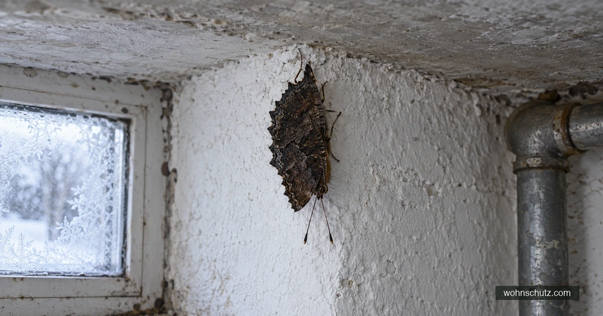 Tagpfauenauge in Winterstarre, kopfüber mit zusammengeklappten Flügeln an der gekalkten Wand eines kalten Kellerraums dicht unter der Decke – nur die fast schwarze, marmorierte Flügelunterseite ist zu sehen, daneben ein Kellerfenster mit Raureif