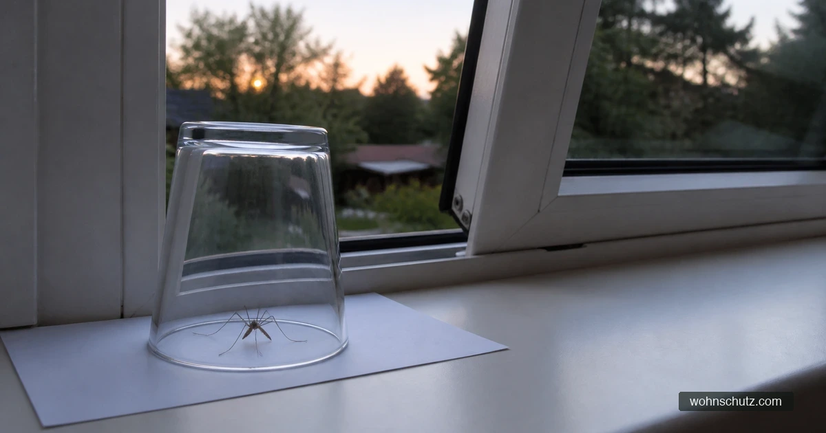 Umgedrehtes Glas über einer Schnake auf dem Fensterbrett, darunter eine flach untergeschobene Postkarte, daneben ein gekipptes Fenster