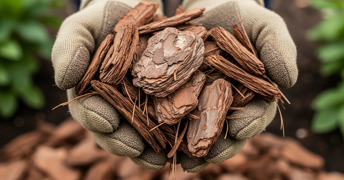 Grober Rindenmulch im Detail – trockene, raue Oberfläche als Barriere gegen Schnecken