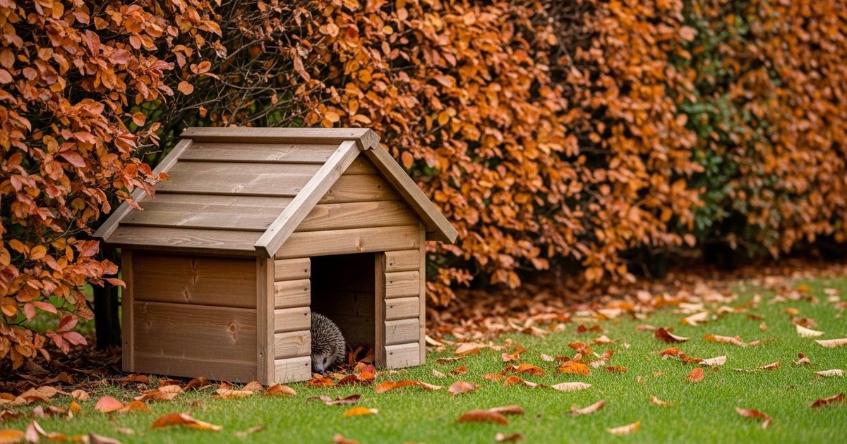 Wetterfestes Igelhaus aus Holz im naturnahen deutschen Garten – Schutzunterkunft