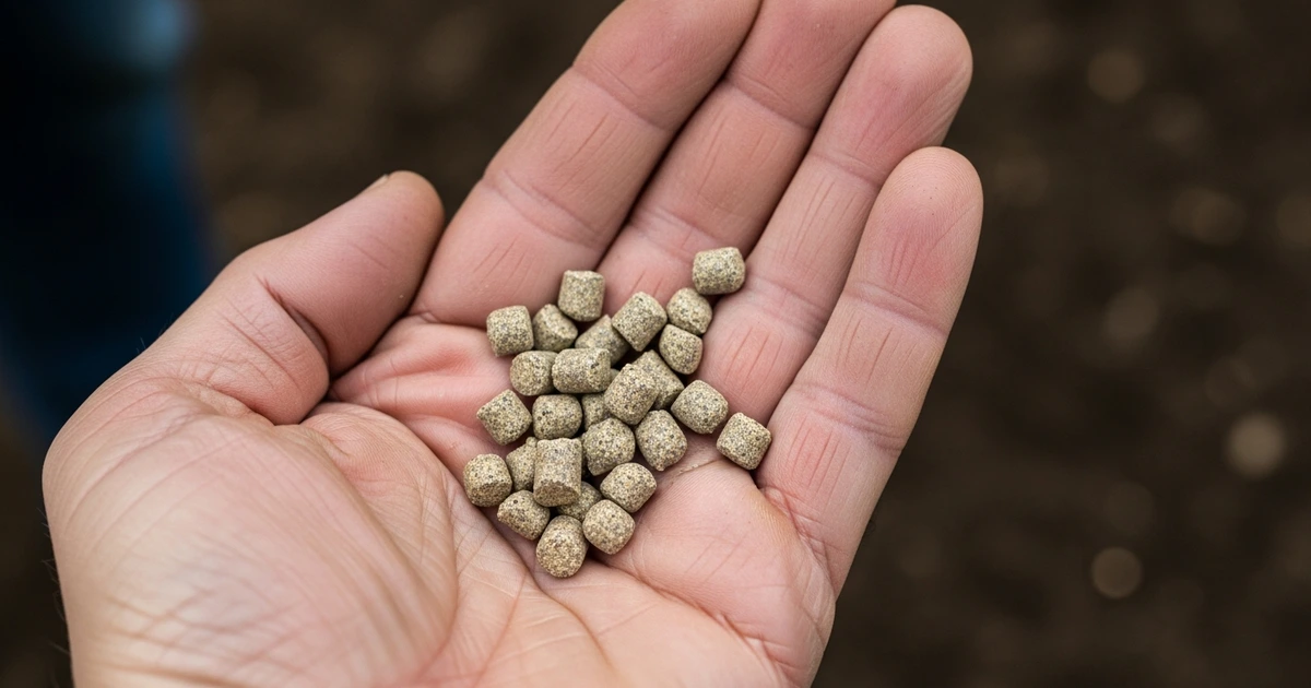 Eisenphosphat-Schneckenkorn-Pellets in der Hand eines Gärtners – Korngröße im Detail