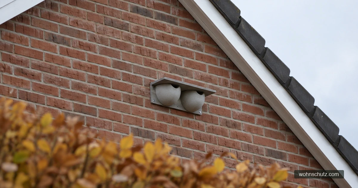 Künstliches Mehlschwalben-Doppelnest aus grauem Holzbeton mit eigener Montageplatte an der fensterlosen Giebelwand eines Klinkerhauses