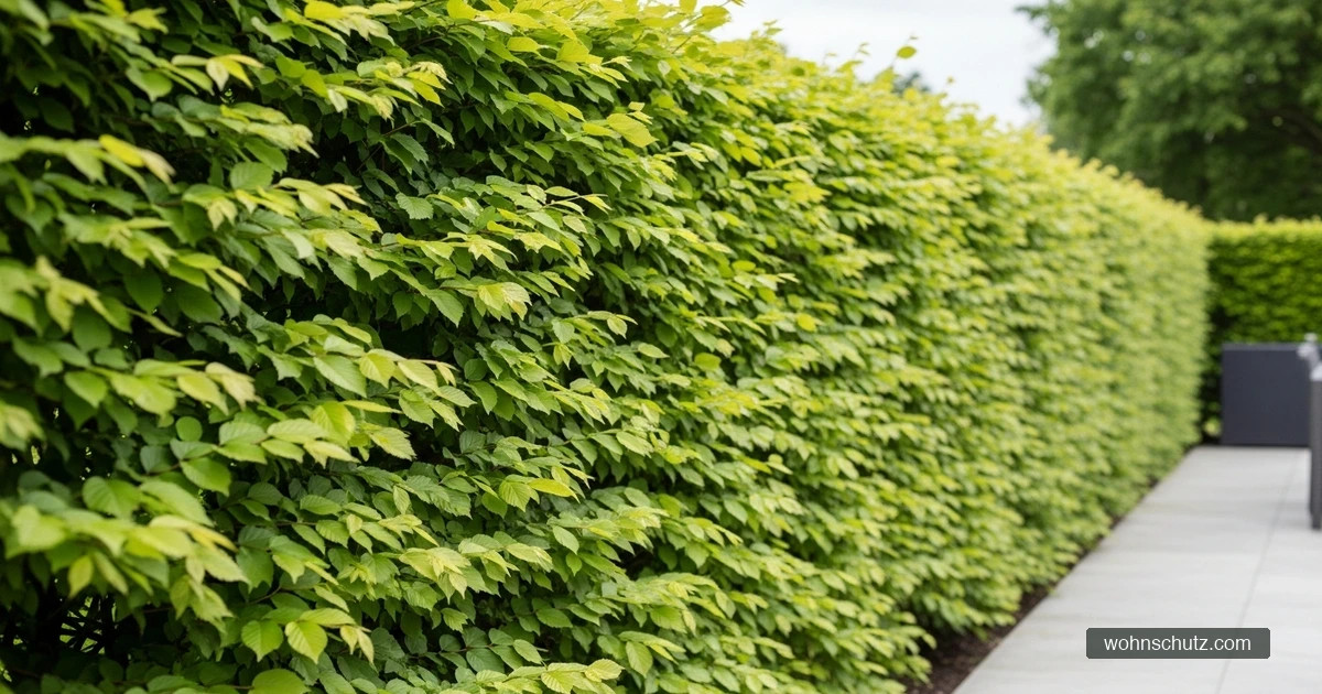 Grüne Hainbuchenhecke als natürlicher Sichtschutz entlang einer Terrasse im Hausgarten