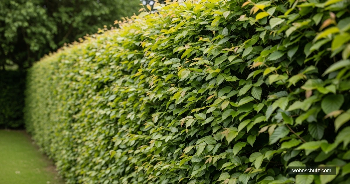 Dichte, frisch geschnittene Hainbuchenhecke als grüner Sichtschutz entlang einer Gartengrenze