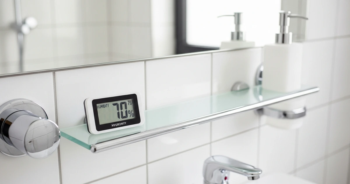 Digitales Hygrometer im Badezimmer zeigt hohe Luftfeuchtigkeit – Kontrolle gegen Silberfische