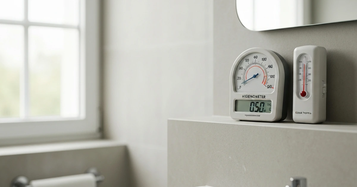 Hygrometer im Badezimmer zeigt erhöhte Luftfeuchtigkeit