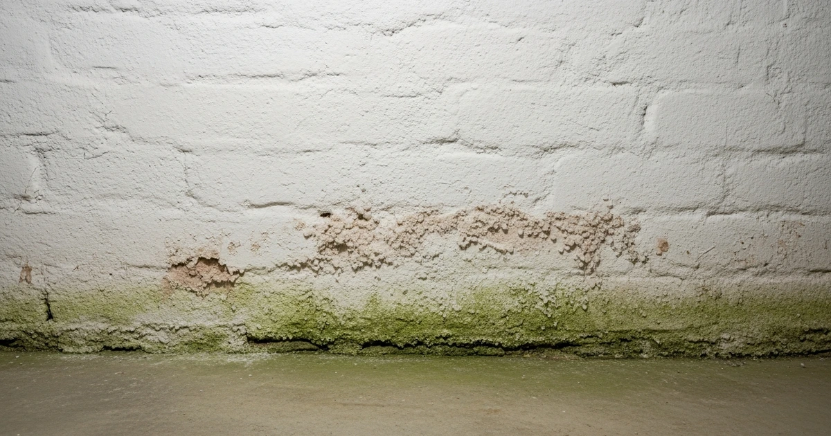 Feuchte Kellerwand mit Wasserflecken – typischer Lebensraum für Silberfische