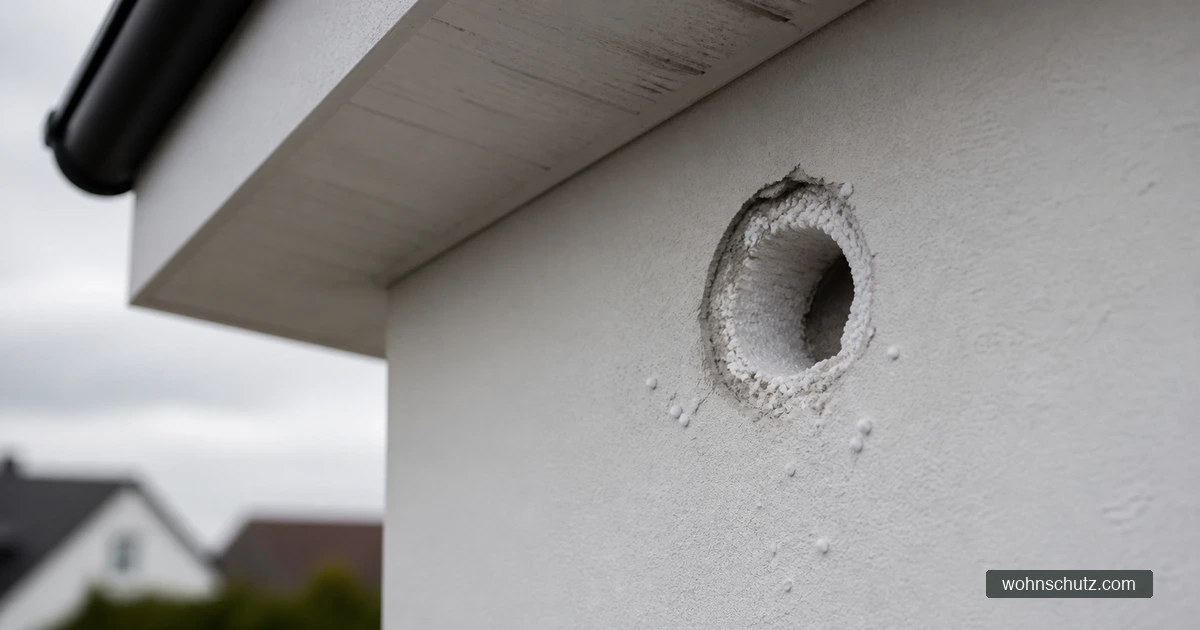 Rundes Specht-Loch in der verputzten Wärmedämmung einer Hausfassade unterhalb des Dachüberstands