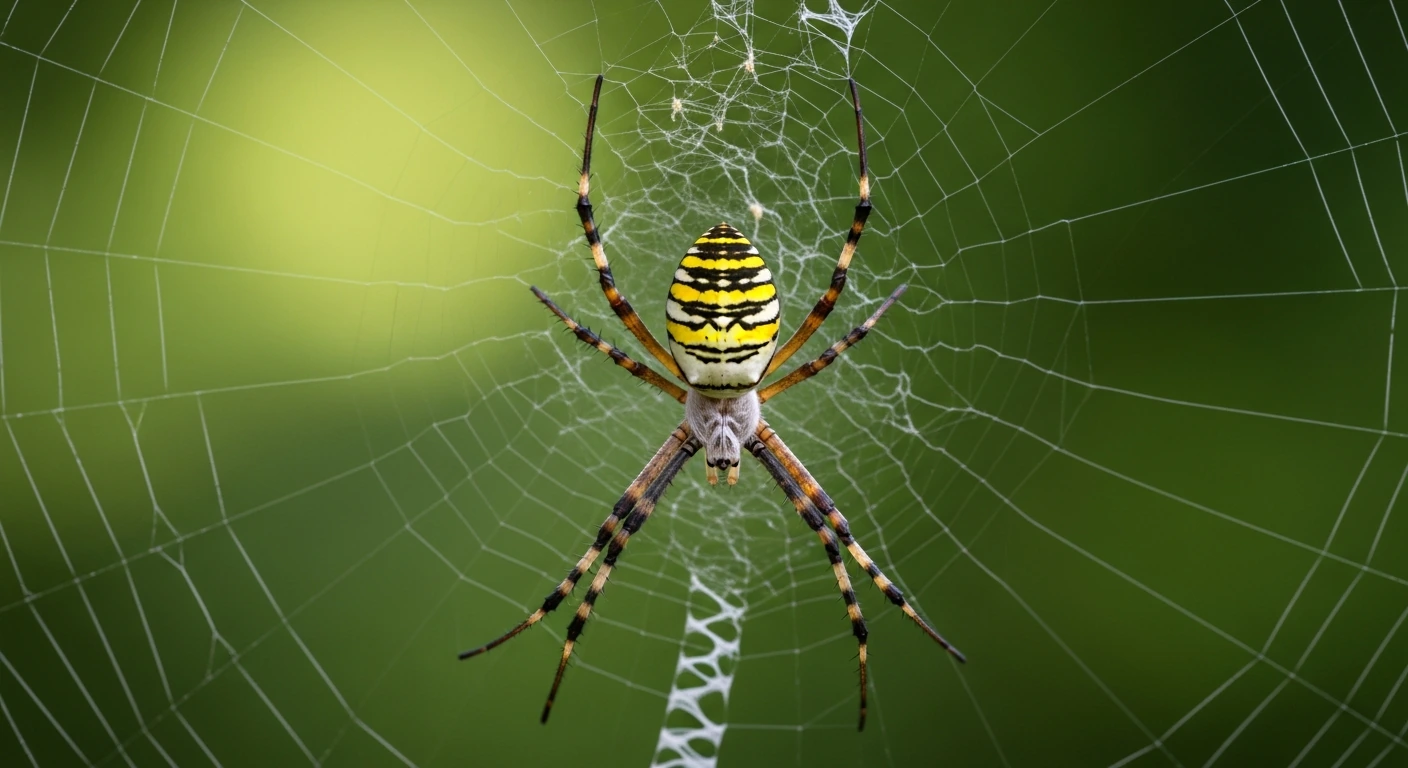 Wespenspinne (Argiope bruennichi) in ihrem Radnetz – gelb-schwarz-weiße Querstreifen auf dem Hinterleib