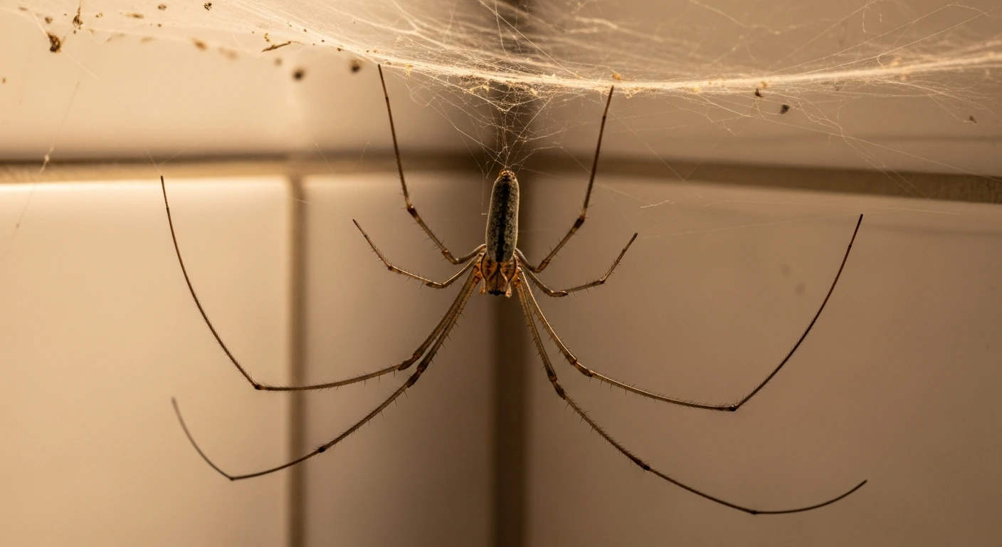Zitterspinne (Pholcus phalangioides) in Badezimmerecke – extrem lange Beine und dreidimensionales Wirrwarmnetz