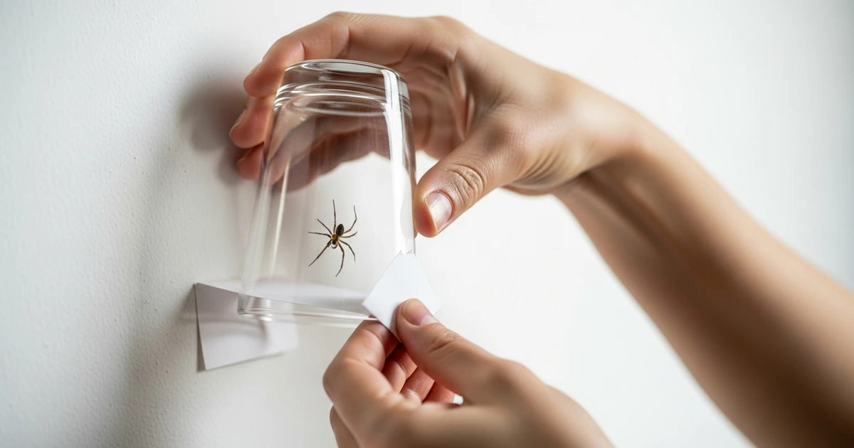 Spinne mit Trinkglas und Papier fangen und nach draußen tragen – schonende Methode