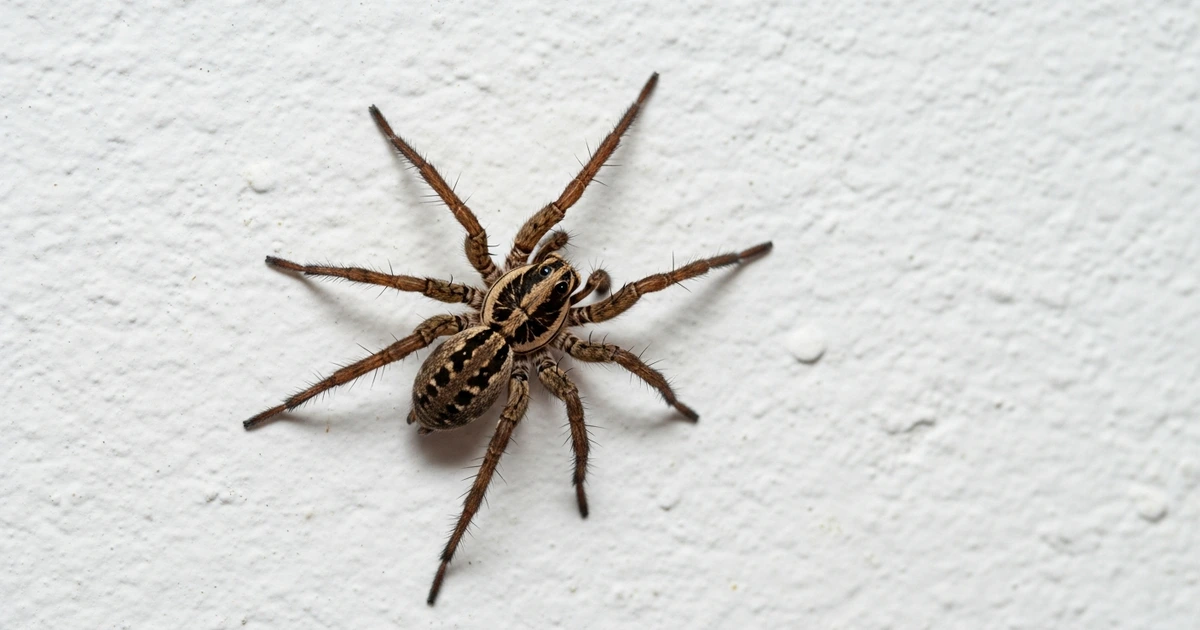 Nosferatu-Spinne (Zoropsis spinimana) an einer weißen Zimmerwand – groß, braun, ohne Netz