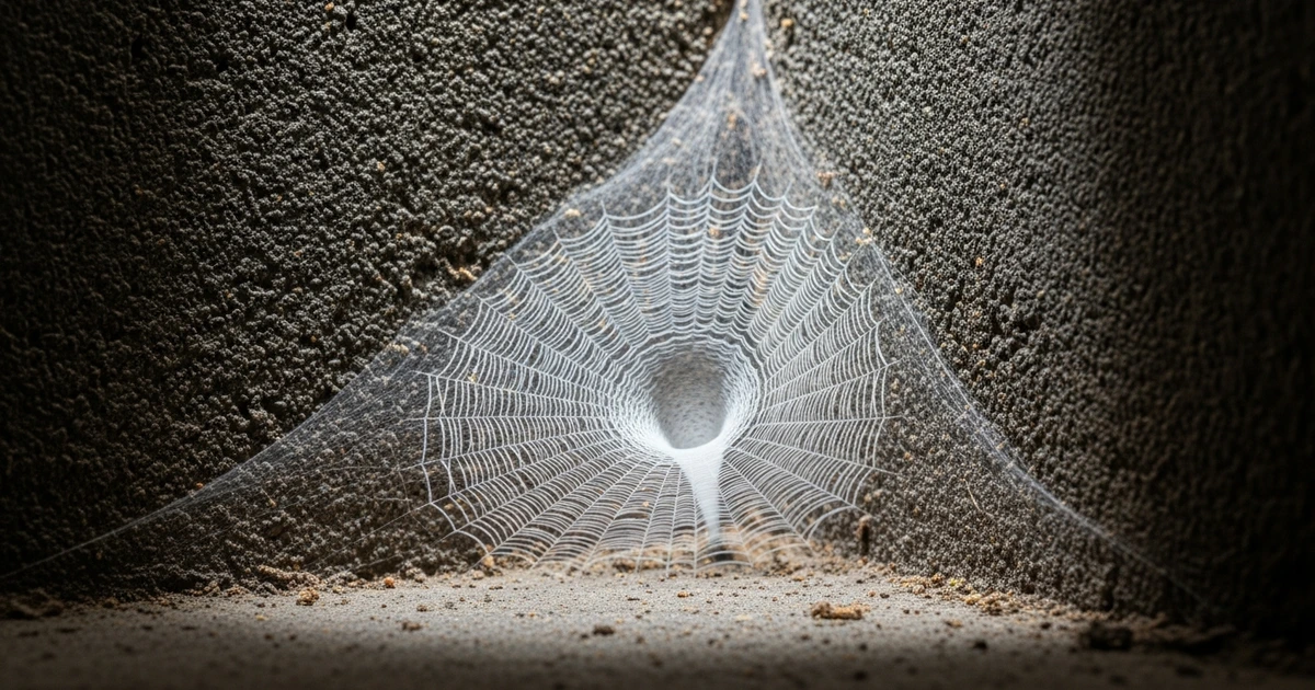 Trichternetz einer Kellerspinne (Coelotes) in Kellerecke – weißes Röhrennetz gut erkennbar