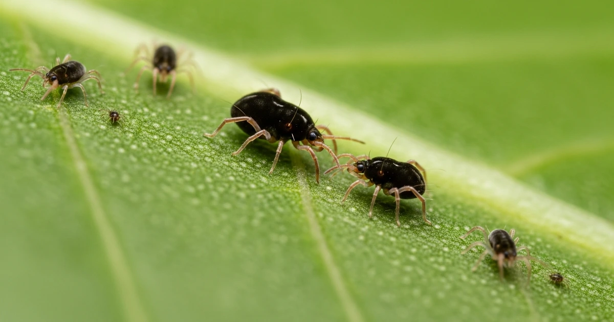 Raubmilben Phytoseiulus persimilis als biologische Spinnmilbenbekämpfung auf Pflanzenblatt
