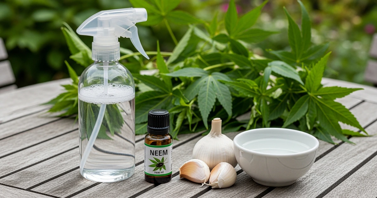 Spinnmilben bekämpfen mit Hausmitteln – Sprühflasche mit Seifenwasser und Neem-Öl auf Gartentisch