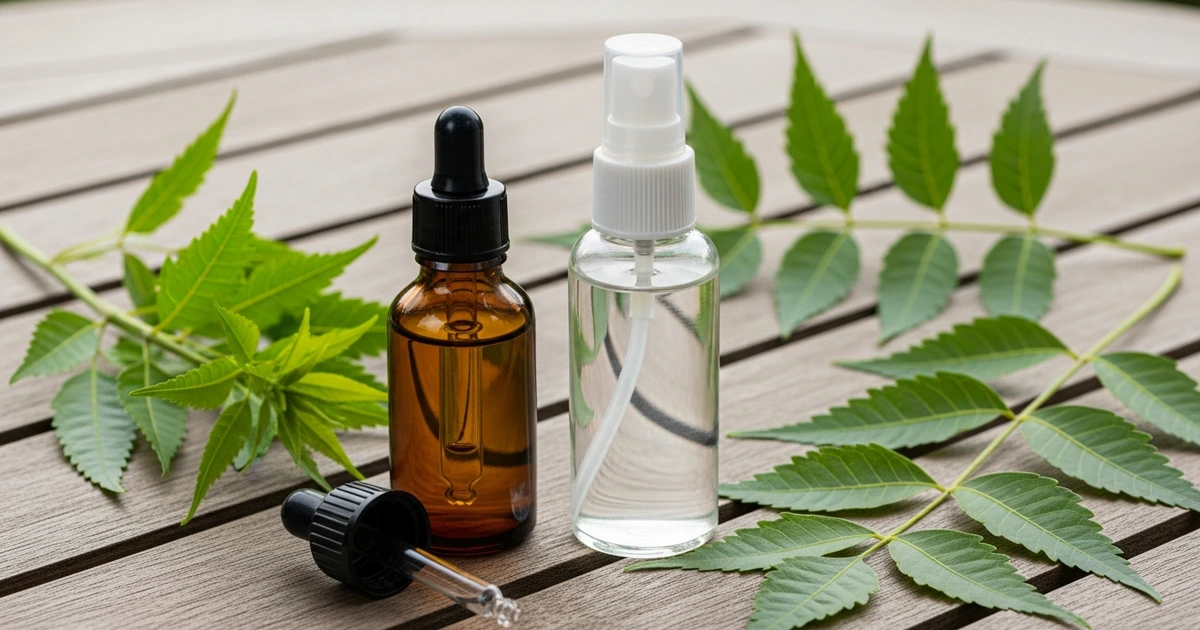 Neem-Öl als Spinnmilben-Hausmittel – Fläschchen mit Öl und Sprühflasche