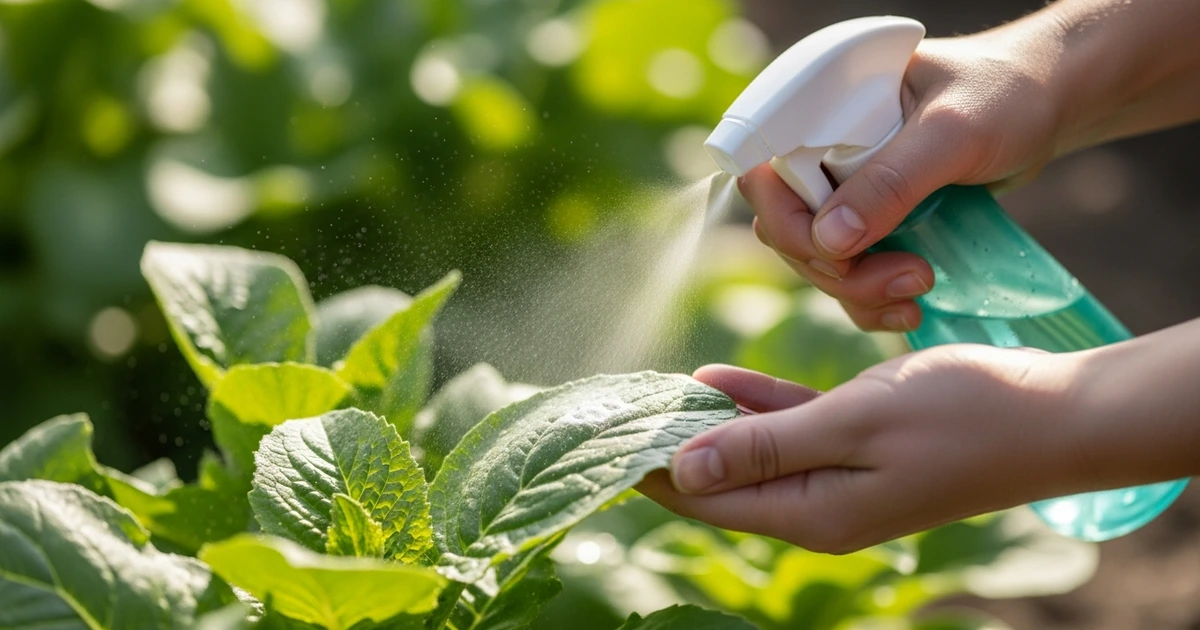 Seifenwasser-Spray gegen Spinnmilben – Sprühflasche auf Blättern anwenden