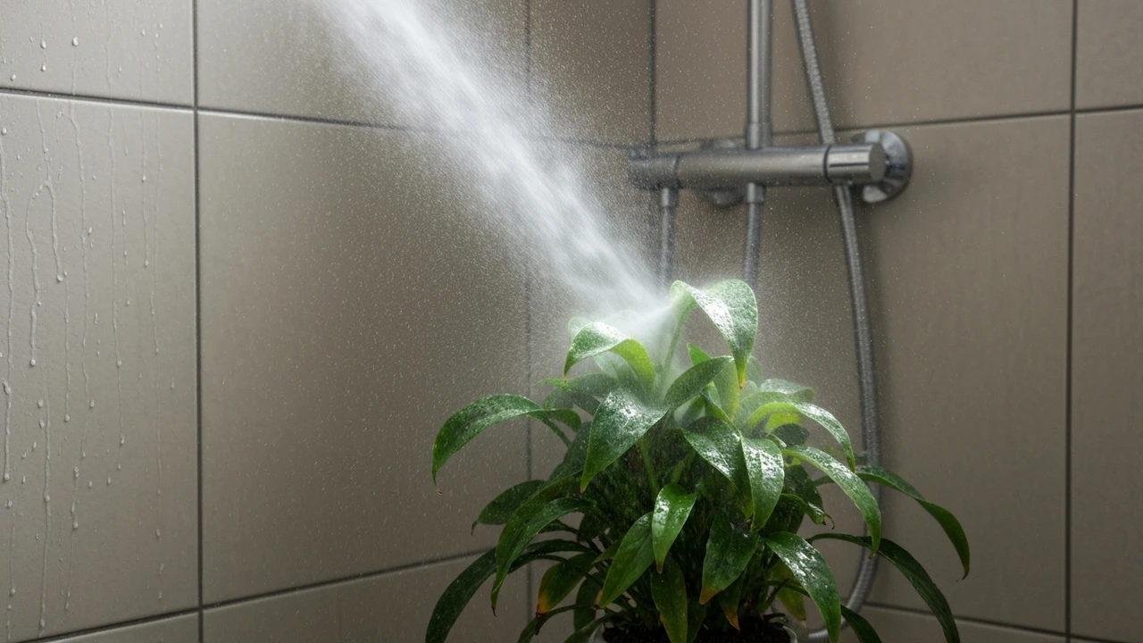 Zimmerpflanze wird unter der Dusche mit Wasser abgespritzt – mechanische Spinnmilbenbekämpfung