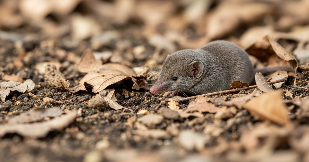 Feldspitzmaus (Crocidura leucodon) im Nahaufnahme im Garten – zweifarbiges Fell und spitze Schnauze erkennbar