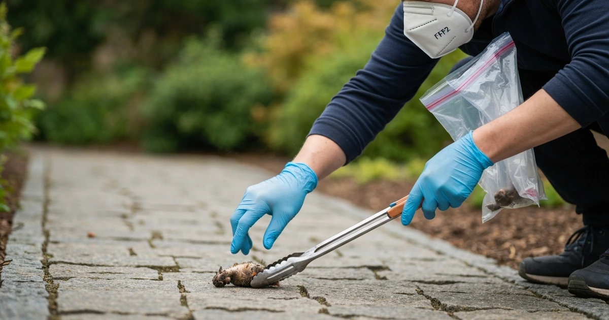 Person mit FFP2-Maske und Einweghandschuhen bei der sicheren Bergung einer toten Spitzmaus im Garten
