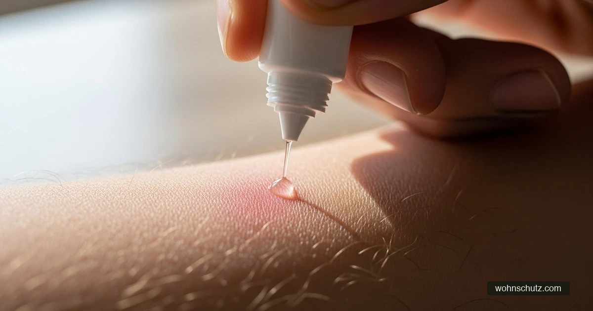 Hand reinigt eine geschwollene Stichstelle am Bein mit Wundauflage und kühlendem Gel