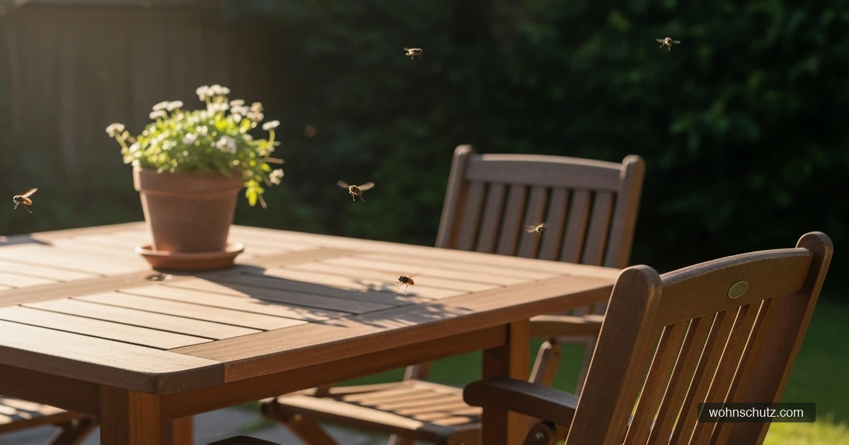 Stechfliegen über einer sonnigen Terrasse im Sommer