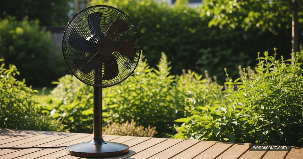 Outdoor-Standventilator auf einer sonnigen Terrasse, Luftstrom schützt vor Stechfliegen