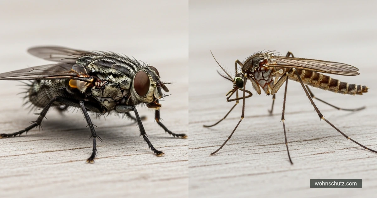 Stechfliege und Mücke im direkten Größenvergleich auf hellem Hintergrund