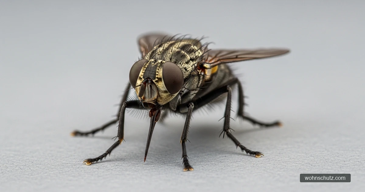 Nahaufnahme einer Stechfliege Stomoxys calcitrans mit horizontalem Stechrüssel