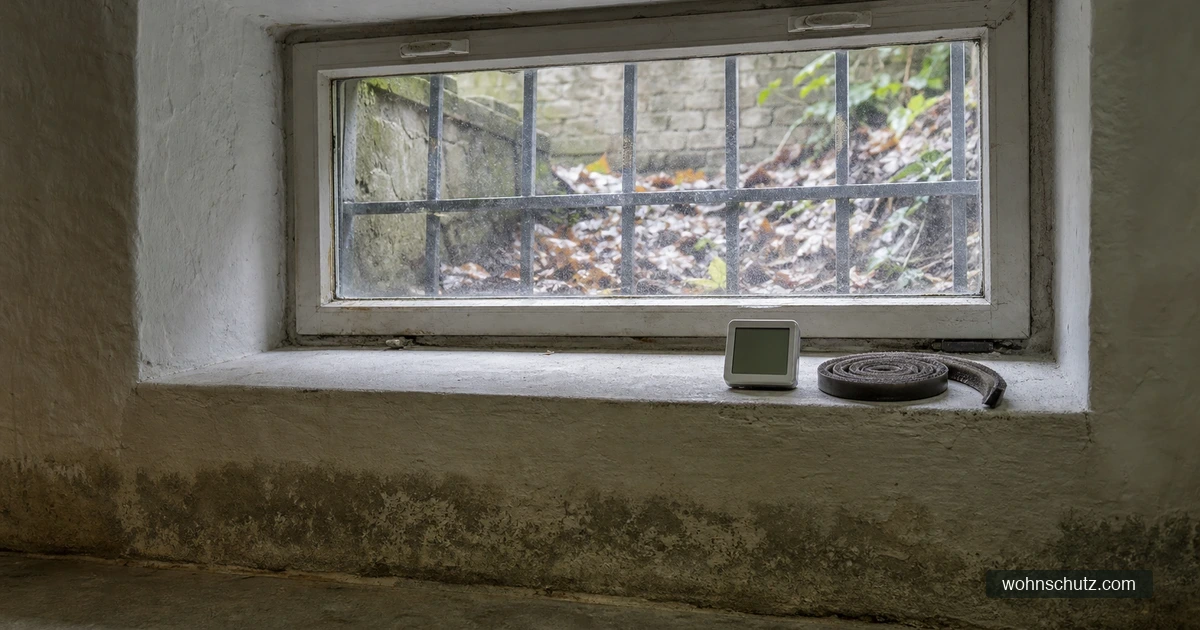 Altes Kellerfenster mit Gitter, dahinter ein Lichtschacht voller feuchtem Laub; auf der Fensterbank ein Hygrometer und Bürstendichtung, darunter eine dunkle Feuchtezone am Sockel