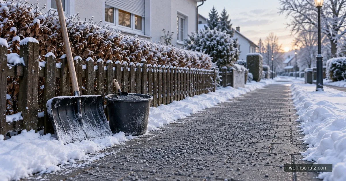 Geräumter Gehweg vor einem Wohnhaus im Winter, mit grauem Streusplitt statt Streusalz abgestreut, daneben Schneeschieber und Eimer mit Splitt