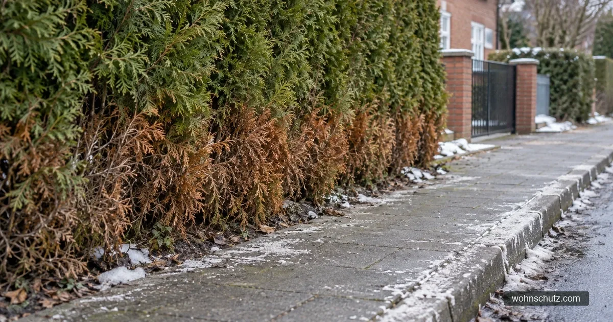 Thuja-Hecke an einem Gehweg im späten Winter, im unteren Bereich zur Straße hin braun verfärbt, am Bordstein weiße Salzränder