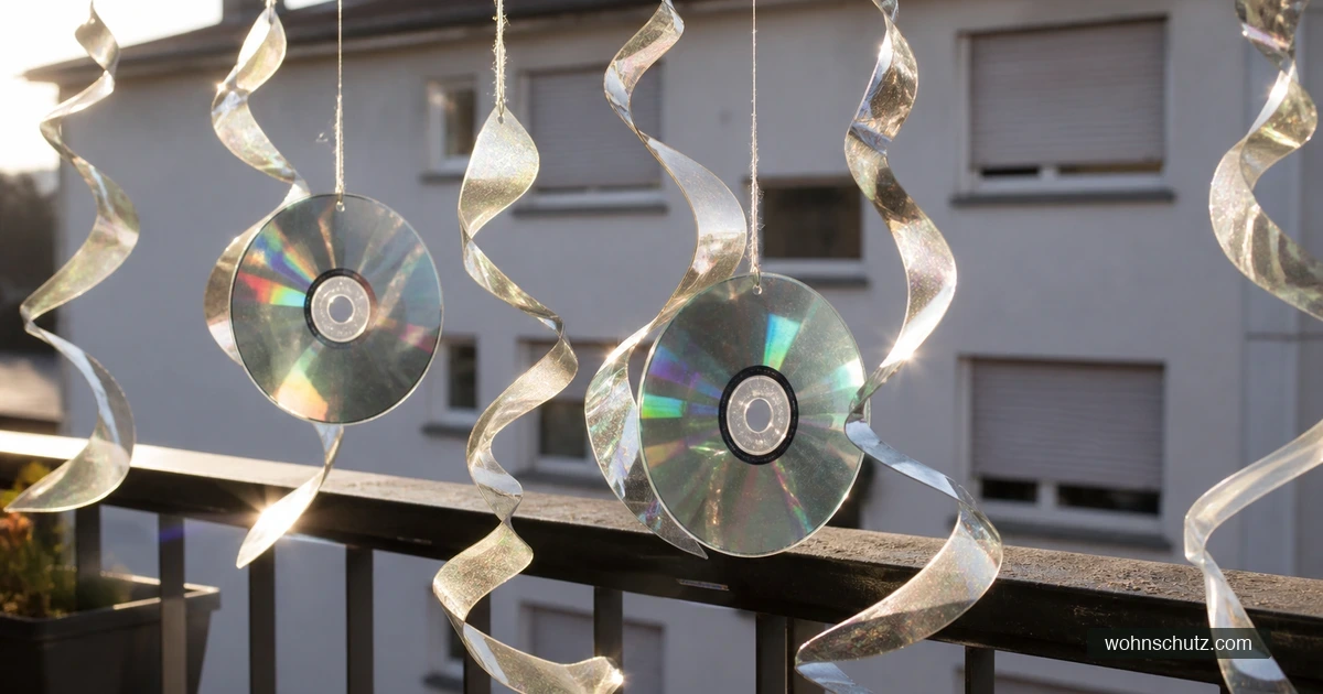 Reflektierende Windspiralen und CDs als Vogelabwehr an einem Balkongeländer im Gegenlicht