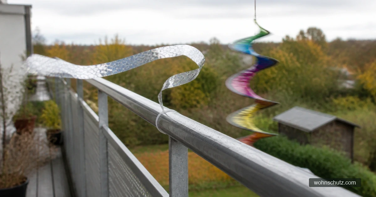 Reflektierendes Flatterband und Windspirale an einem Balkongeländer bewegen sich im Wind
