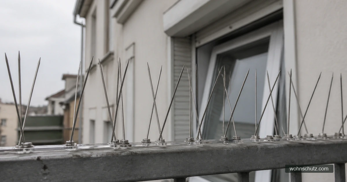 Balkongeländer mit montierten Edelstahl-Taubenspikes an einer Wohnhausfassade