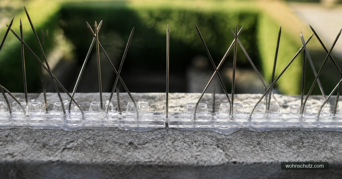 Montierte Edelstahl-Spikes auf der Oberkante einer Balkonbrüstung, Streifen auf Stoß gesetzt