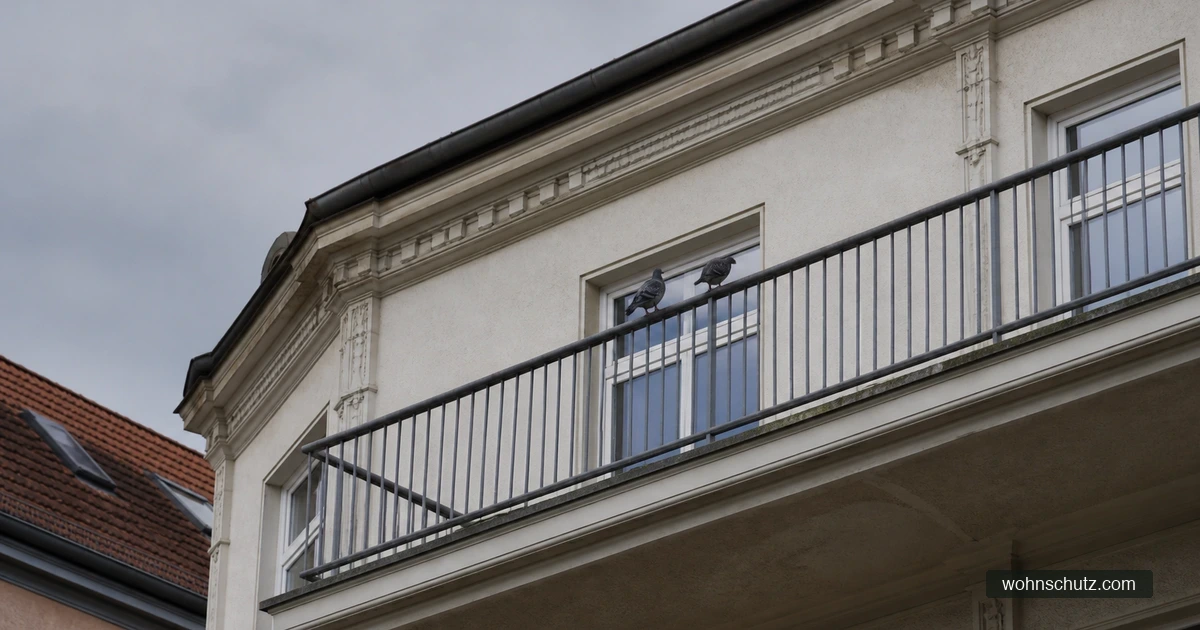 Zwei Stadttauben sitzen auf dem Metallgeländer eines Balkons an einer verputzten Altbaufassade