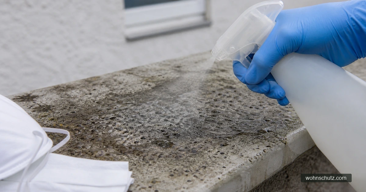 Behandschuhte Hand befeuchtet verkrusteten Taubenkot auf einer Betonbrüstung mit einer Sprühflasche