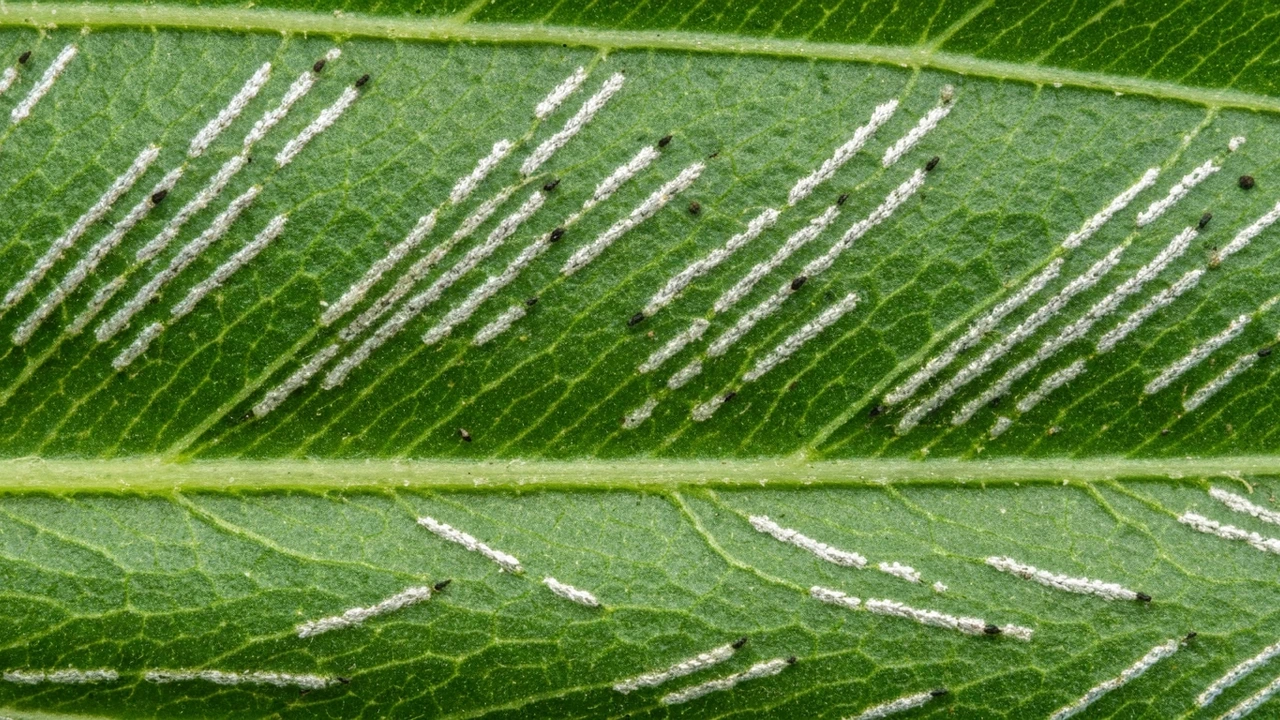 Thripsschäden auf Blatt – Silberflecken und schwarze Kotpunkte als Erkennungszeichen