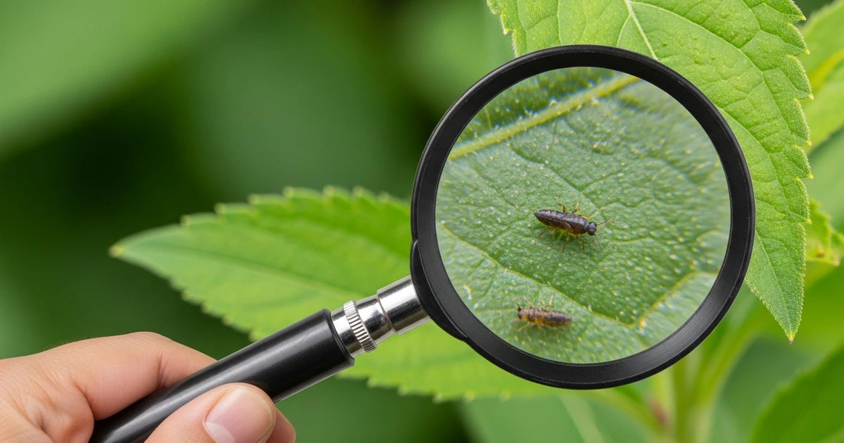 Thripse-Lebenszyklus auf einem Pflanzenblatt – Larven und adulte Insekten im Vergleich
