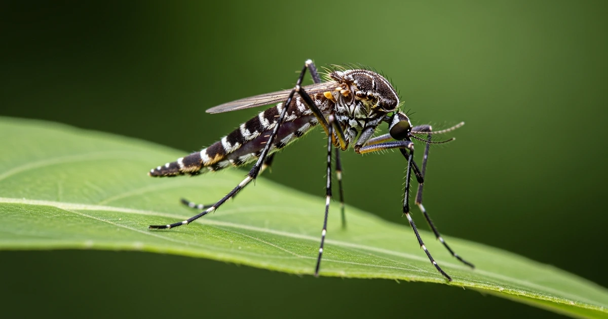 Asiatische Tigermücke mit charakteristischen schwarz-weißen Streifen auf einem Blatt